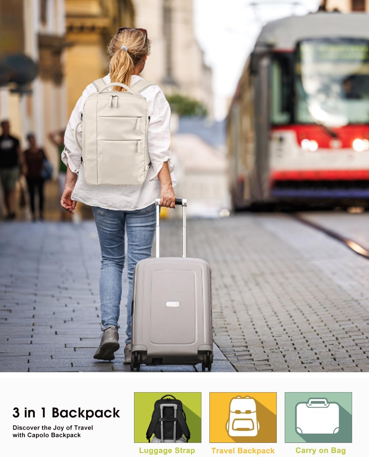Capolo Travel Backpack for Women Men Waterproof Laptop Backpack Airlines Approved Carry On Backpack Bag Computer Bookbag for Business, Work, Traveling Fits 15.6 Inch Laptop(Beige) - Image 2