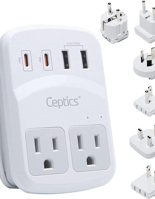 Ceptics World Travel Adapter Kit 2 USB-A, USB-C US Outlets, 20W/QC 18W Power Delivery, Surge Protection, SWADAPT Compatible for Europe, UK, China, Australia, Japan Perfect Laptop (WPS-5B)