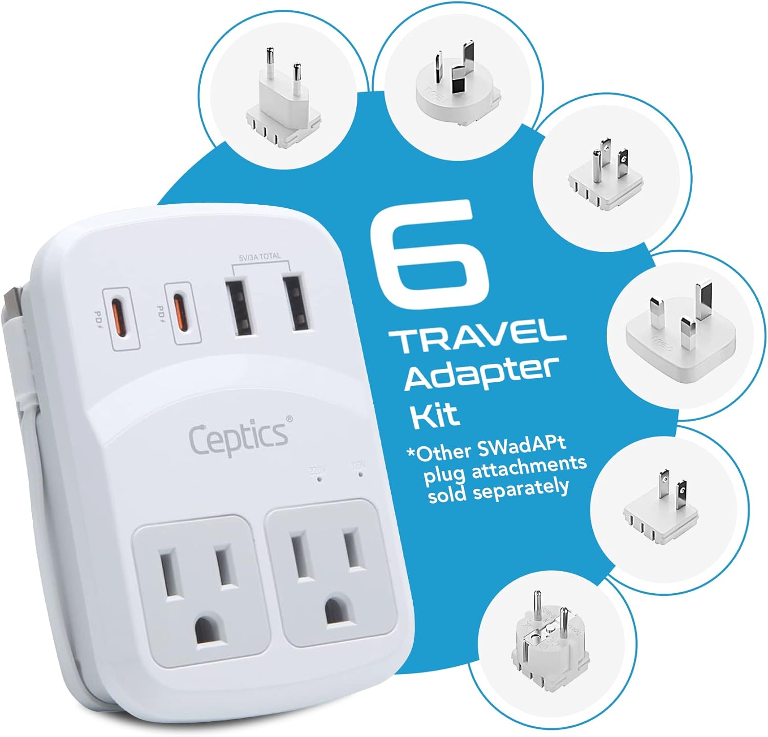 Ceptics World Travel Adapter Kit 2 USB-A, USB-C US Outlets, 20W/QC 18W Power Delivery, Surge Protection, SWADAPT Compatible for Europe, UK, China, Australia, Japan Perfect Laptop (WPS-5B) - Image 2
