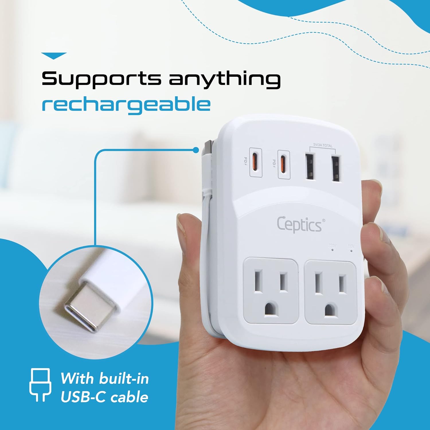 Ceptics World Travel Adapter Kit 2 USB-A, USB-C US Outlets, 20W/QC 18W Power Delivery, Surge Protection, SWADAPT Compatible for Europe, UK, China, Australia, Japan Perfect Laptop (WPS-5B) - Image 5