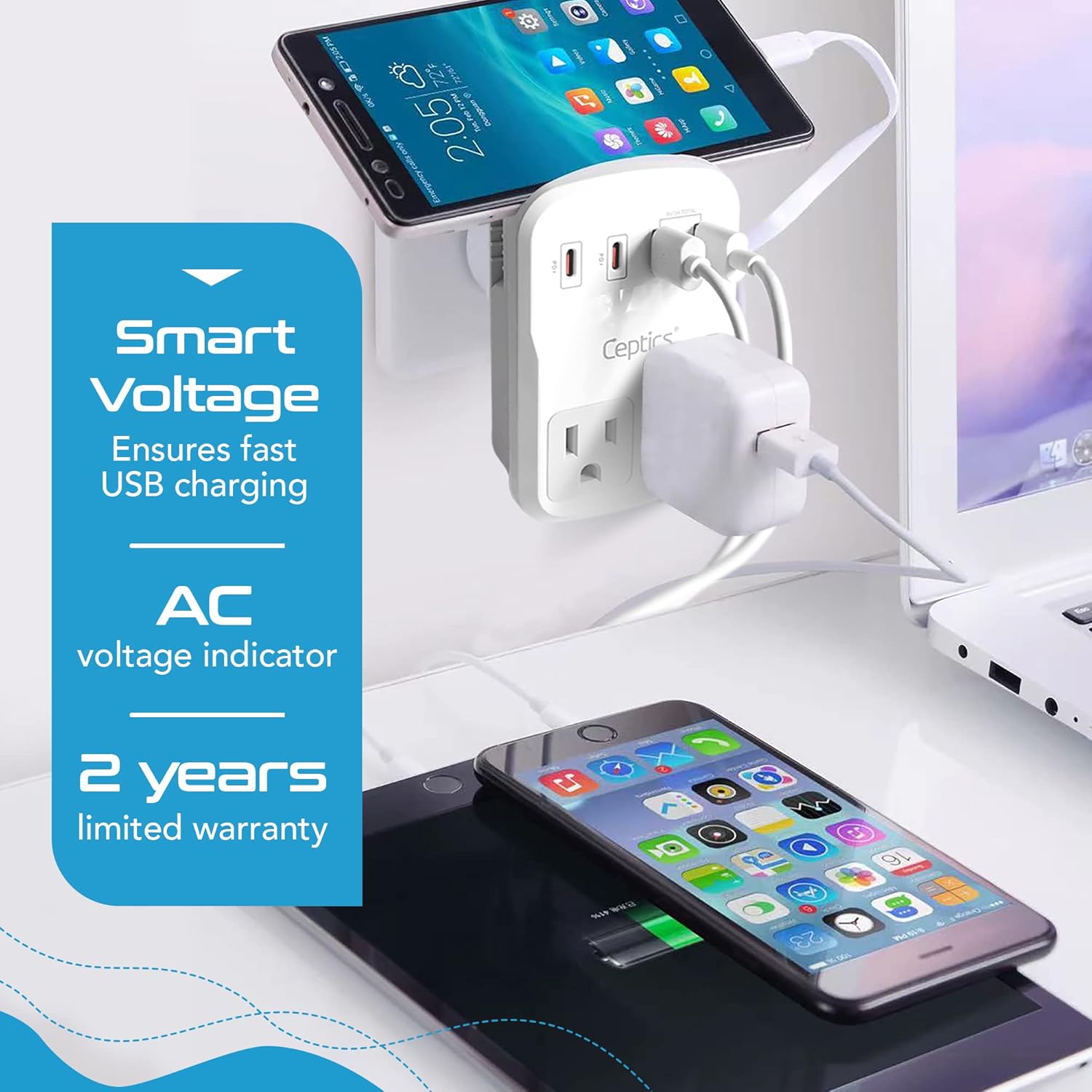 Ceptics World Travel Adapter Kit 2 USB-A, USB-C US Outlets, 20W/QC 18W Power Delivery, Surge Protection, SWADAPT Compatible for Europe, UK, China, Australia, Japan Perfect Laptop (WPS-5B) - Image 7