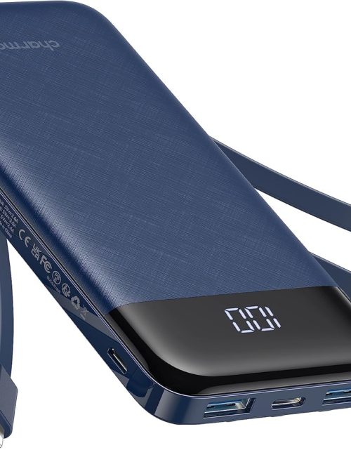 charmast Portable Charger with Built in Cables, Power Bank with Cords Wires, Slim 10000mAh Travel Battery Pack 6 Outputs 3 Inputs 3A Fast Charging for Samsung Google Pixel LG Moto iPhone iPad