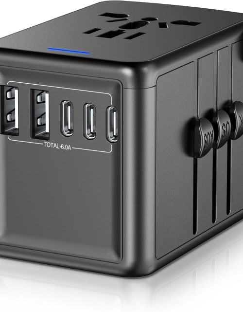 Universal Travel Adapter, 6.0A 30W 5 USB C/A Ports + 2500W AC Outlets, International Power Adapter for All USB Devices, Multi Plugs 110V 220V A/C, European Travel Plug Adapter for 200+ Countries